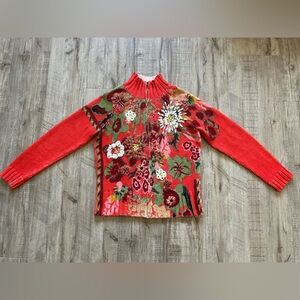 Embroidered Floral flower Ramie Cotton Red Women's full zip fall grandma Sweater